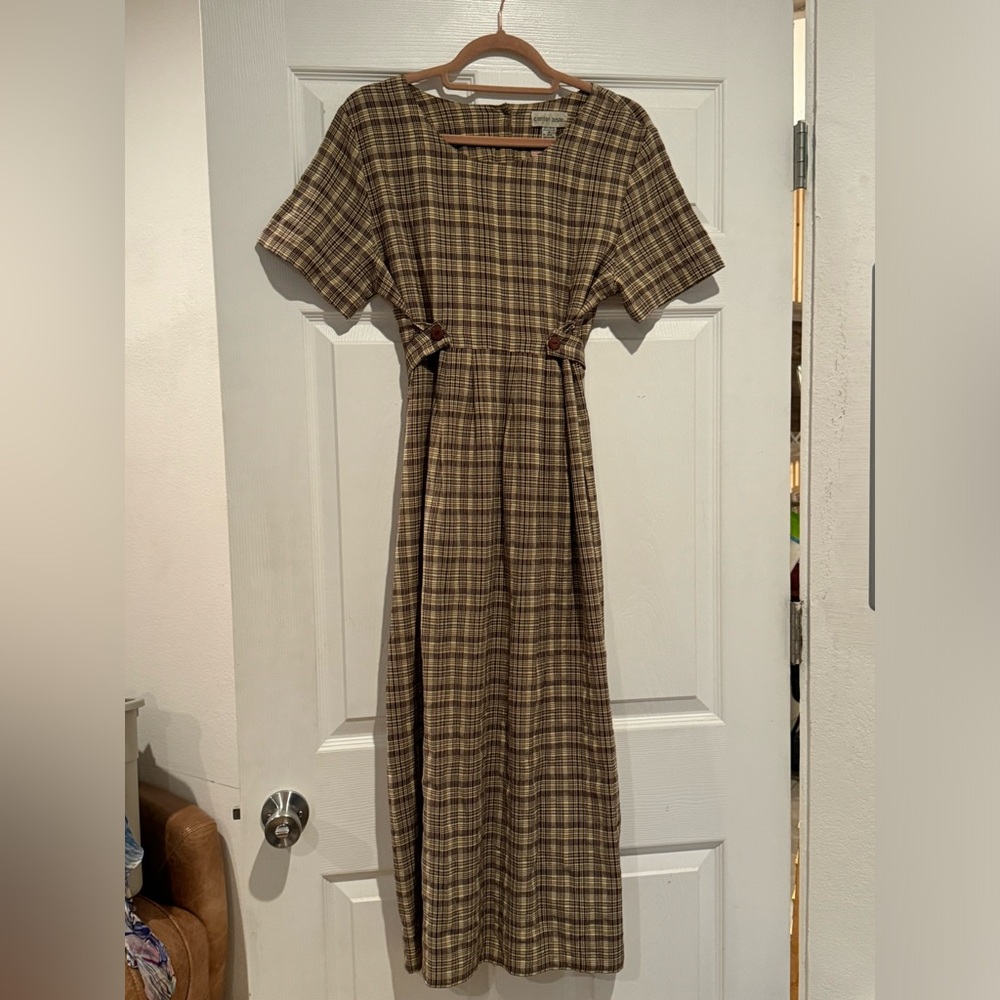 Brown and Yellow Gingham Plaid Vintage Cottagecore Dress
